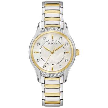 Bulova Ladies' Classic Diamond 3-Hand Quartz Two Tone Gold Stainless Steel Watch, 16 Diamonds, Mother-of-Pearl Dial, Curved Mineral Crystal