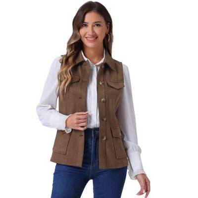 INSPIRE CHIC Women's Buttoned Sleeveless Faux Suede Utility Vest with Cargo Pocket