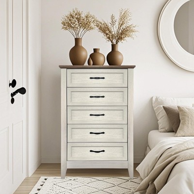 5 Drawer Vintage Wood Dresser, Tall Chest for Closet and Bedroom, Storage Organizer for Living Room, Nursery, Hallway, Kids Room