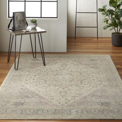 Ivory and Pink Synthetic Rectangular 6' x 9' Area Rug