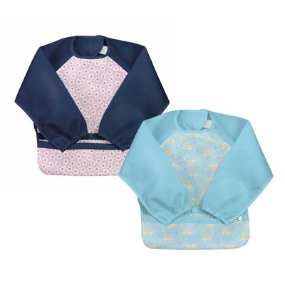 Image of Green Sprouts Snap & Go Easy-wear Long Sleeve Bib (2 pack)-Pink Blossom & Aqua Rainbows-12-24mo