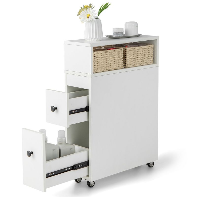 Costway Movable Bathroom Storage Cabinet Narrow Toilet Side Paper Holder w/ 2 Drawers, 1 of 11