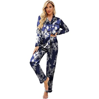 Ekouaer Women's Classic Button Down Long Satin Silk Pajama Set