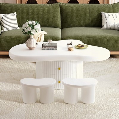 KIGFTSOD Cloud Coffee Table Set of 3, Irregular Shape Coffee Table with 2 Drawers, 2 Small Stools for Living Room