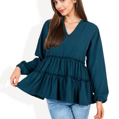 Anna-Kaci Women's Long Sleeve Tiered Babydoll Blouse with V-Neck