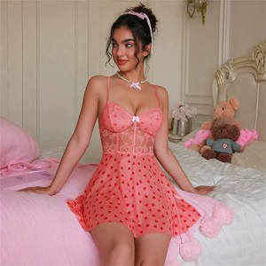 Clotth Women's Babydoll - Sexy Sleepwear with Lace Chemise Dress, featuring Heart Print and Sheer Sleep Thong, Lingerie Padded Dress, Orange Red - 1 of 4