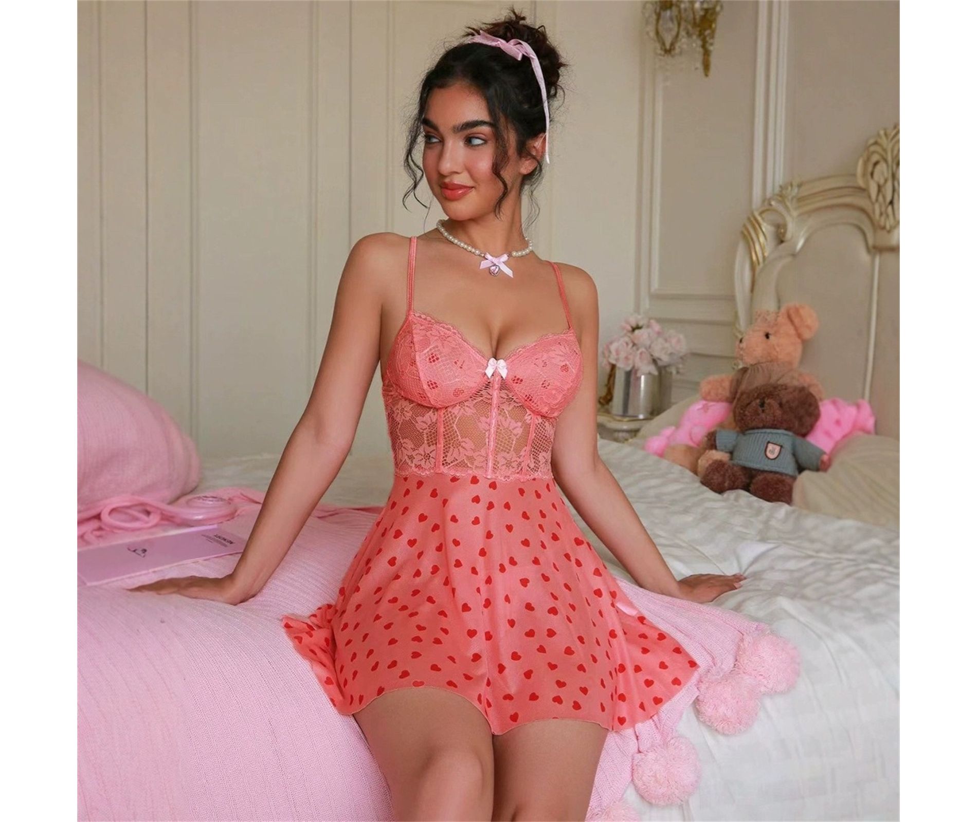 Clotth Women's Babydoll - Sexy Sleepwear with Lace Chemise Dress, featuring Heart Print and Sheer Sleep Thong, Lingerie Padded Dress, Orange Red