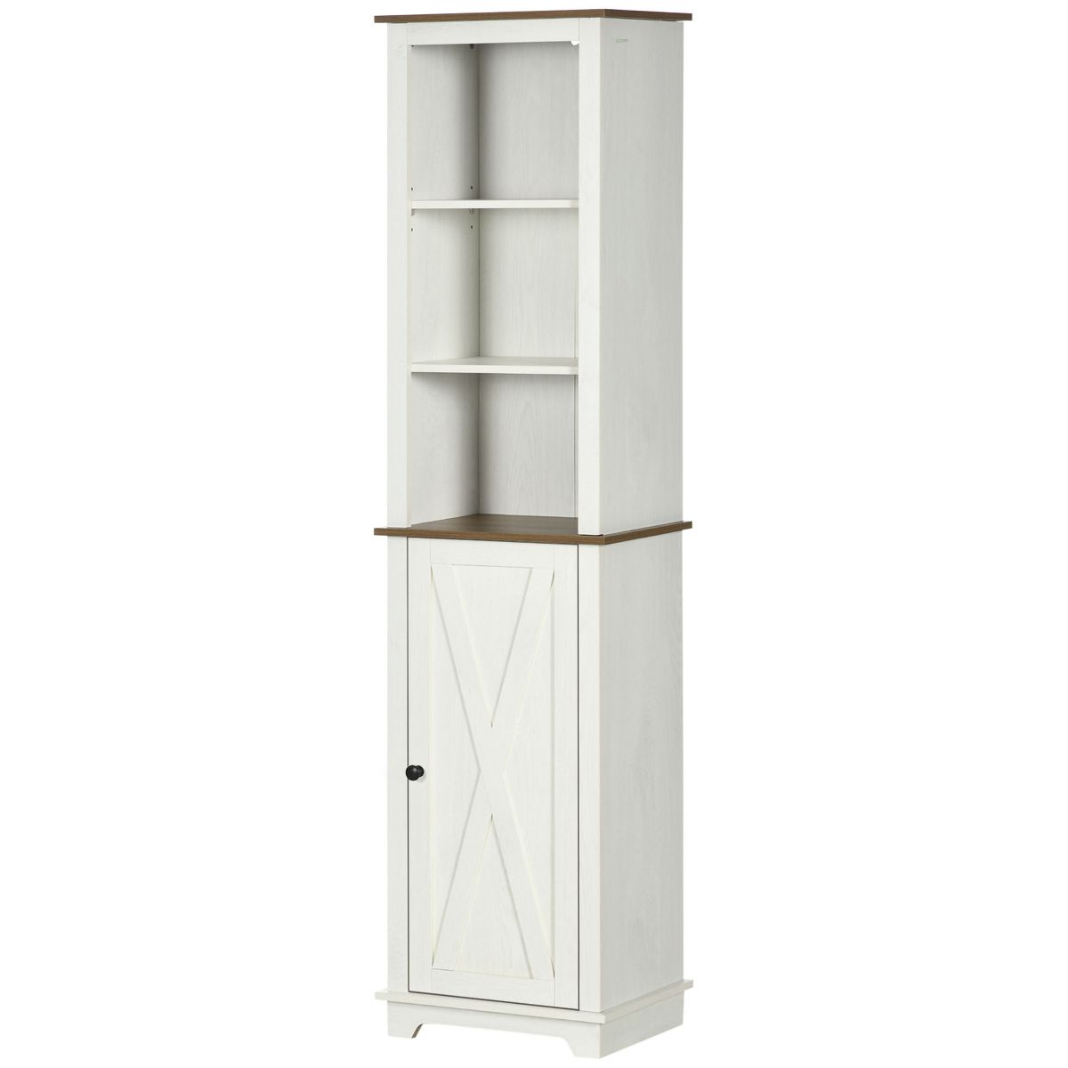 Tall white bathroom storage cabinet with open shelves and lower cabinet