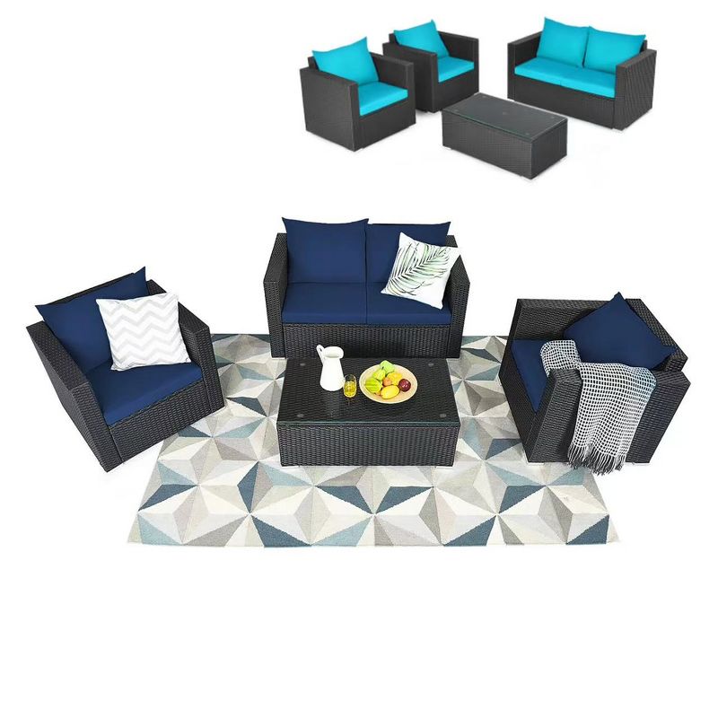 Tangkula 4PCS Rattan Patio Conversation Set Outdoor Furniture Set w/ Navy & Turquoise Cushions, 1 of 8