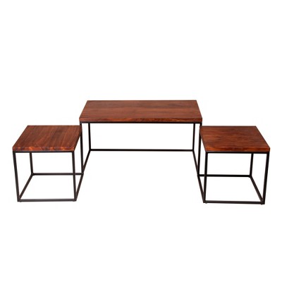 3pc Solid Wood Coffee Table Set with Grain Details and Metal Frame Brown - The Urban Port