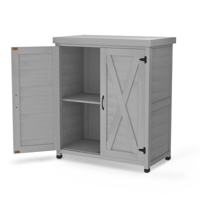 Potting Bench with Storage Cabinet and Metal Table Top for Outdoor Patio, Outdoor Work Station Table