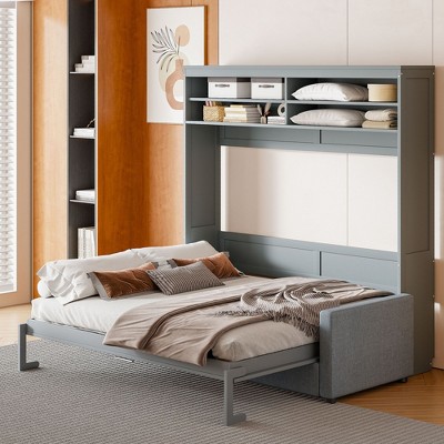 NicBex Queen Size Murphy Bed 93.3" Wooden Frame Murphy Bed Queen Morden Hideaway Wall Bed with Sofa and Shelf for Guest Room