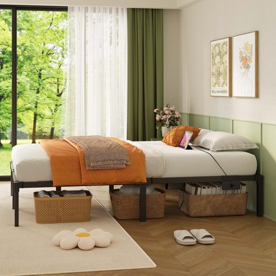 Greenstell Bed Frame with LED Lights & Charging Station, Metal Platform Bed with Headboard, Heavy Duty Metal Slats