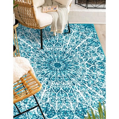 Turquoise and Ivory Rectangular Stain-Resistant Area Rug