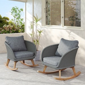 Christopher Knight Home Hattie Patio Contemporary Rattan and Acacia Wood Rocking Chair with Cushion (Set of 2) - 1 of 4