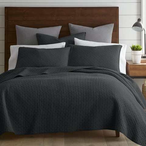 The Industrial Shop 3pc Queen Solid Quilt and Sham Bedding Set Dark Gray: Cotton Lightweight Rustic Style