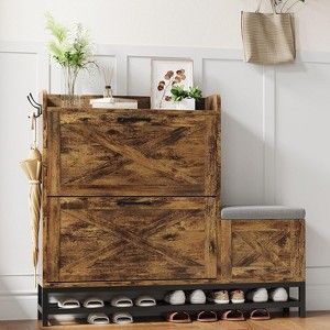 Shoe Cabinet with 2 Flip-Drawers & Storage Bench, Farmhouse Wood Freestanding Shoe Rack with 2 Hooks - 1 of 4