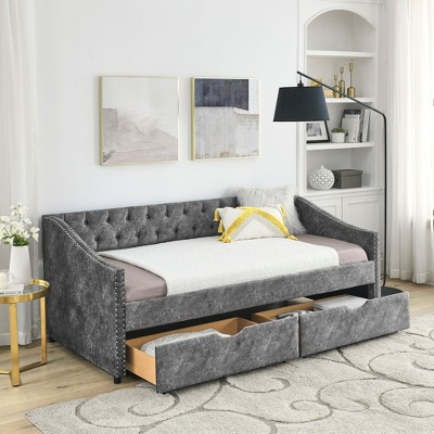 Twin Size Daybed, Upholstered Tufted Sofa Bed With Drawers, Gray ...
