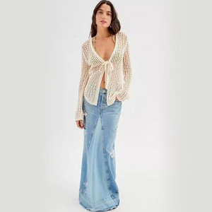 Women's Bikini Cover Up Tie-up Front Crochet Cardigan Tops Long Sleeve V Neck Swimsuit - 1 of 4
