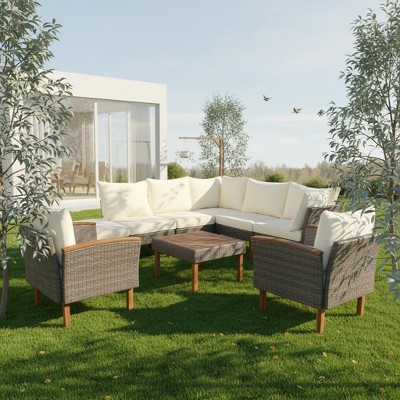 Whisen 9-Piece Patio Rattan Furniture Set & Outdoor Conversation Sectional Sofa Set with Coffee Table and Removable Cushions