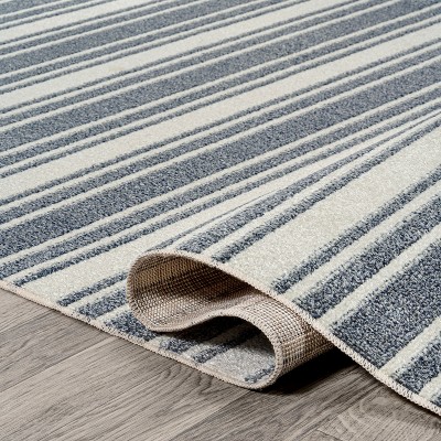 Cream and Dark Gray Striped Washable Synthetic Area Rug