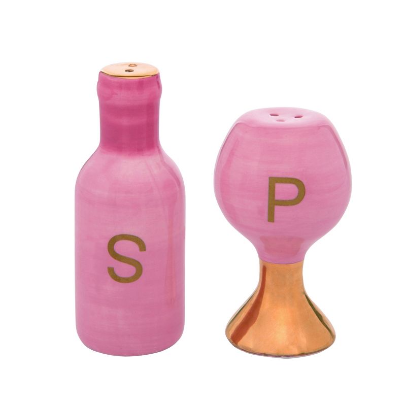 Transpac Spring Wine Bottle and Glass Dolomite Salt and Pepper Shakers Collectables Pink 3.75 in. Set of 2, 1 of 5