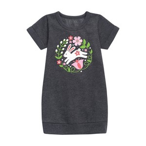 - Instant Message - Scandinavian Bunny With Flowers Graphic Short Sleeve Fleece Dress - 1 of 4