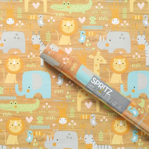 8x2.5' Baby Animals On Woodgrain Baby Shower Gift Wrapping Paper