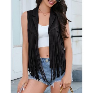 Coolmee Women's Semi-Formal Blazer Vests Open Front Solid Fringe Cardigan Vests Sleeveless Cropped Tassel Office Workplace Vests L Black - 1 of 4