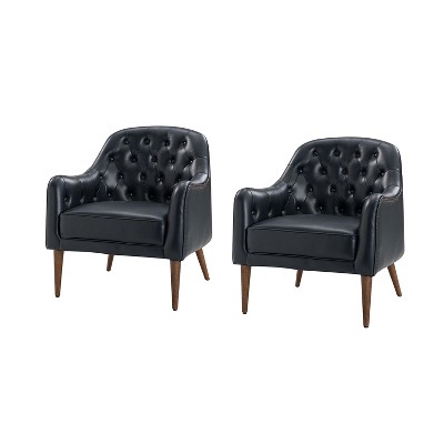 Set of 2 Justo 28.5" Wide Tufted Genuine Leather Wood Legs Accent Barrel Chair for Living Room with solid wood legs | ARTFUL LIVING DESIGN