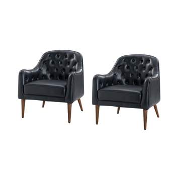 Set of 2 Justo 28.5" Wide Tufted Genuine Leather Barrel Chair for Living Room with solid wood legs | ARTFUL LIVING DESIGN-NAVY