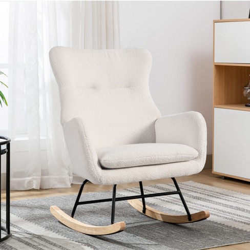 Royce High-pile Fleece Rocking Accent Chair With Wooden Frame In White ...