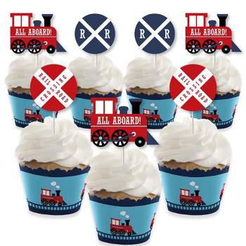 Big Dot of Happiness Railroad Party Crossing - Cupcake Decoration - Steam Train Party Cupcake Wrappers and Treat Picks Kit - Set of 24
