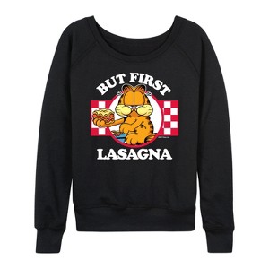 Women's - Garfield - But First Lasagna Lightweight French Terry Wide Neck Long Sleeve Shirt - 1 of 4