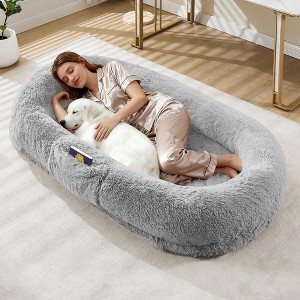 Human Dog Bed with Faux Fur, 65"x41"x12" Egg-Crate Orthopedic Foam, Removable Cover, Handle & Side Pocket for Adults & Pets - 1 of 4