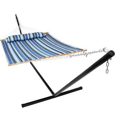 Sunnydaze 2-Person Freestanding Quilted Fabric Spreader Bar Hammock with Detachable Pillow and Stand - 400 lb Weight Capacity/15' Stand - Misty Beach