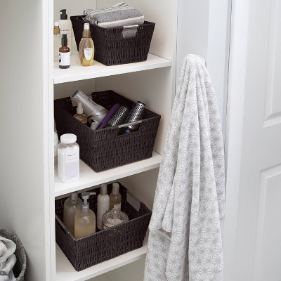 Chocolate Rattan Rectangular Storage Tote with Stainless Steel Handles