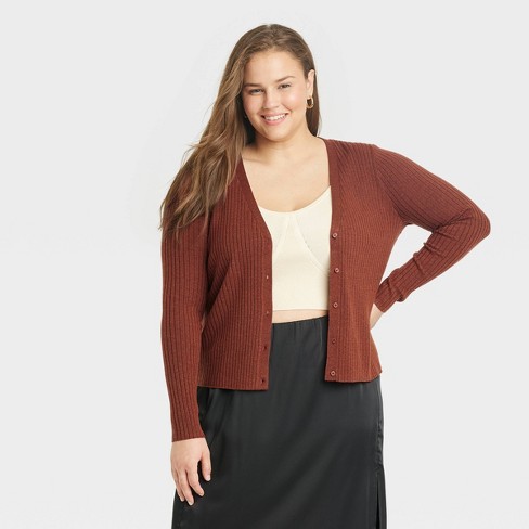 Women's Fine Gauge Ribbed Cardigan - A New Day™ Brown 1X
