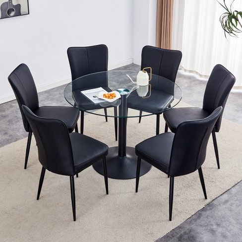 NicBex Dining Table Set for 6 Kitchen Table Transparent Tempered Glass Round Dining Table Black Metal Bracket and Base with 6 Chairs, Black - image 1 of 4