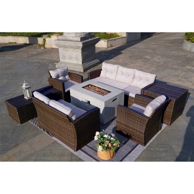 7pc Outdoor Wicker Sectional Sofa Set & Rectangular Gas Fire Pit Table