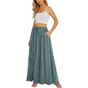 Women's High Waisted Pleated Flowy Maxi Skirt - Summer Casual with Pockets Tulips Gray Green - 1 of 4