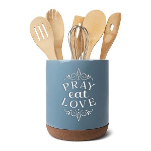 Elanze Designs Pray Eat Love Sky Blue X-Large Cork Bottom Kitchen Utensil Holder - 1 of 2