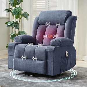 Manual Rocker Recliner Chair with Heat and Massage, 360° Swivel Oversized Recliner, Single Sofa, 2 Side Pockets, Cup Holders, USB Ports - 1 of 4