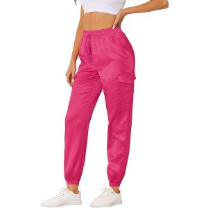 INSPIRE CHIC Women's Satin Drawstring Elastic High Waist Shiny Silky Cargo Pants - 1 of 4