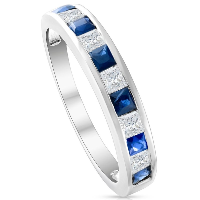 Pompeii3 1 Ct Princess Cut Blue Sapphire & Diamond Ladies Wedding Ring 14k White Gold, 2 of 6