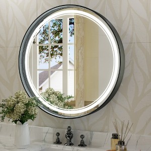 Keonjinn Metal Framed LED Round Frontlit Bathroom Vanity Wall Mirror, 3 Color Temperatures Dimmable, Anti-Fog - 1 of 4