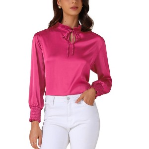 INSPIRE CHIC Women's Satin Puff Long Sleeve Mock Neck Tie Front Casual Business Work Shirts - 1 of 4