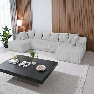 130" U-Shaped Modular Sectional Sofa, Striped Corduroy with Reversible Chaise - 1 of 4