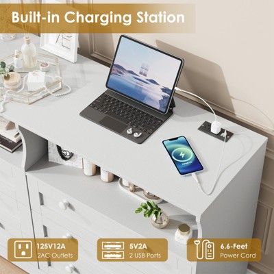 Built-in charging station on top of dresser with outlets and USB ports