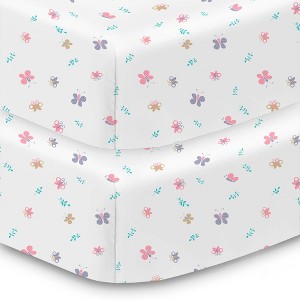 BreathableBaby Cotton Percale Fitted Sheet, For 52" x 28" Crib & Toddler Bed Mattress, Butterflies (2-Pack) - 1 of 4